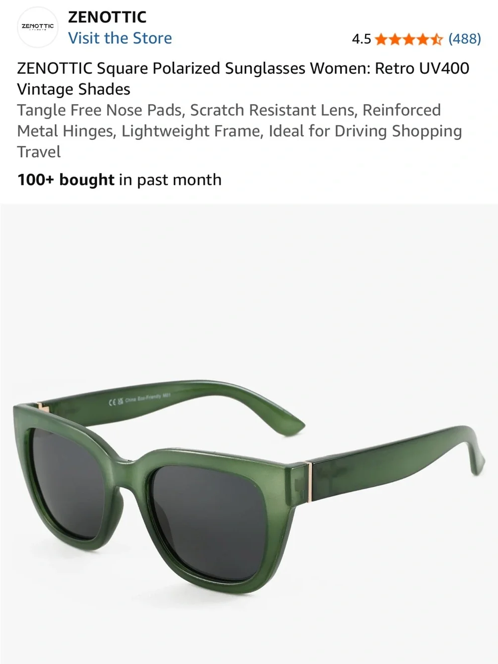 ZENOTTIC Womens Square Polarized Sunglasses Green Retro UV400 Vintage NIB⁠
